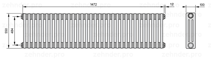 Схема (чертеж) Радиатор Zehnder Charleston 3055/32 №1270 Белый глянцевый RAL 9016